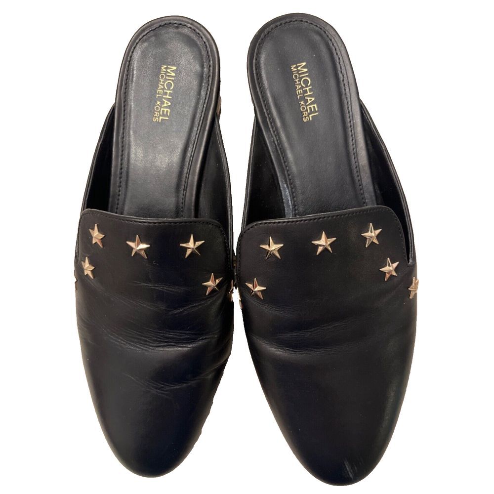 Michael Kors Black Leather Star Stud Slip-On Mules